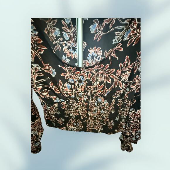 Free People Brown Leaf & Floral Pattern Smocked Waist Bank Blouse  XS - Picture 12 of 12